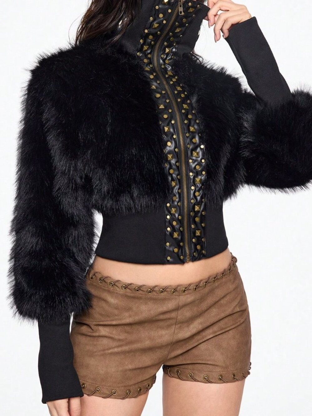 Black Casual Women's Contrasting Faux Fur Zipper Short Jacket